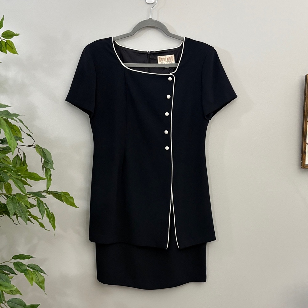 BRAEMAR Elegant Vintage NAVY Dress with White Trim